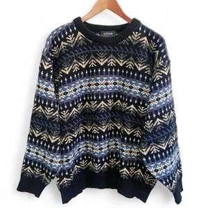 Vintage 90s Atlas Mens Blue Geometric Nordic Fair Isle Knit Crewneck Sweater